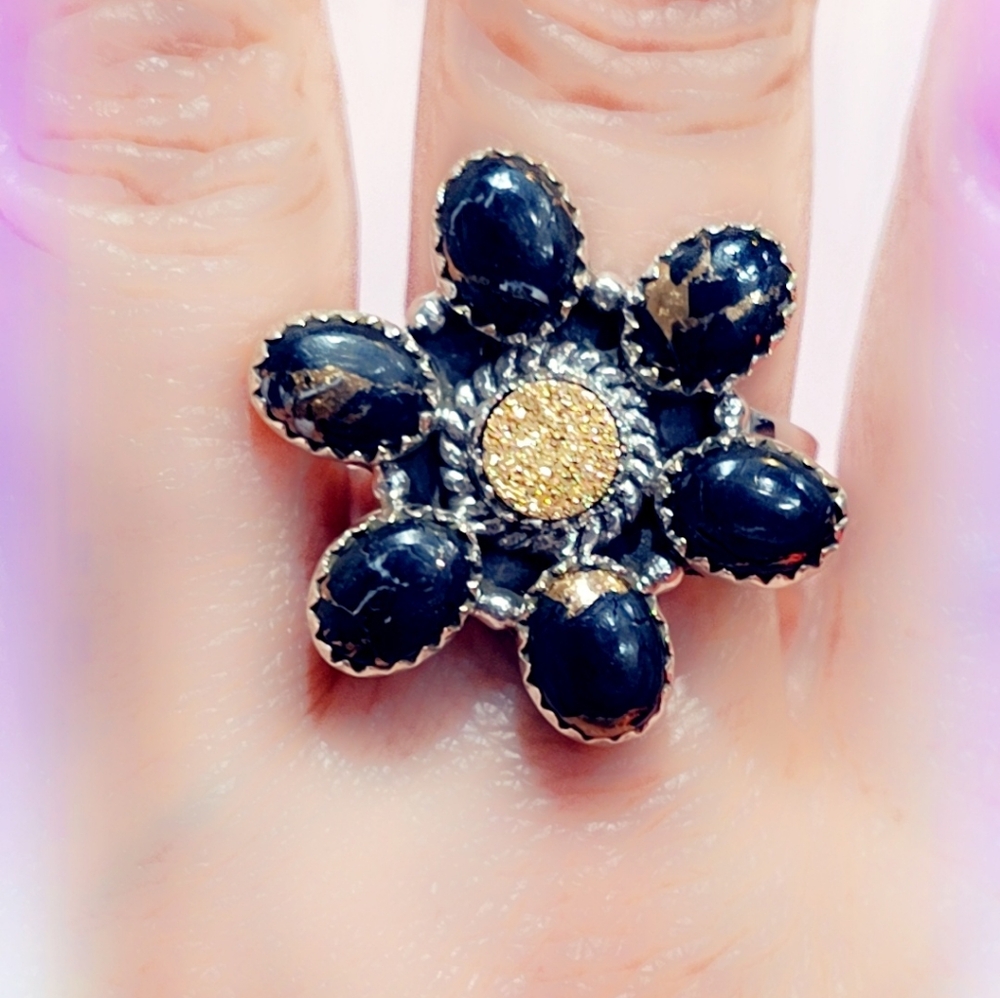 Black Stallion Dahlia Turquoise & Druzy Sterling Gemstone Ring